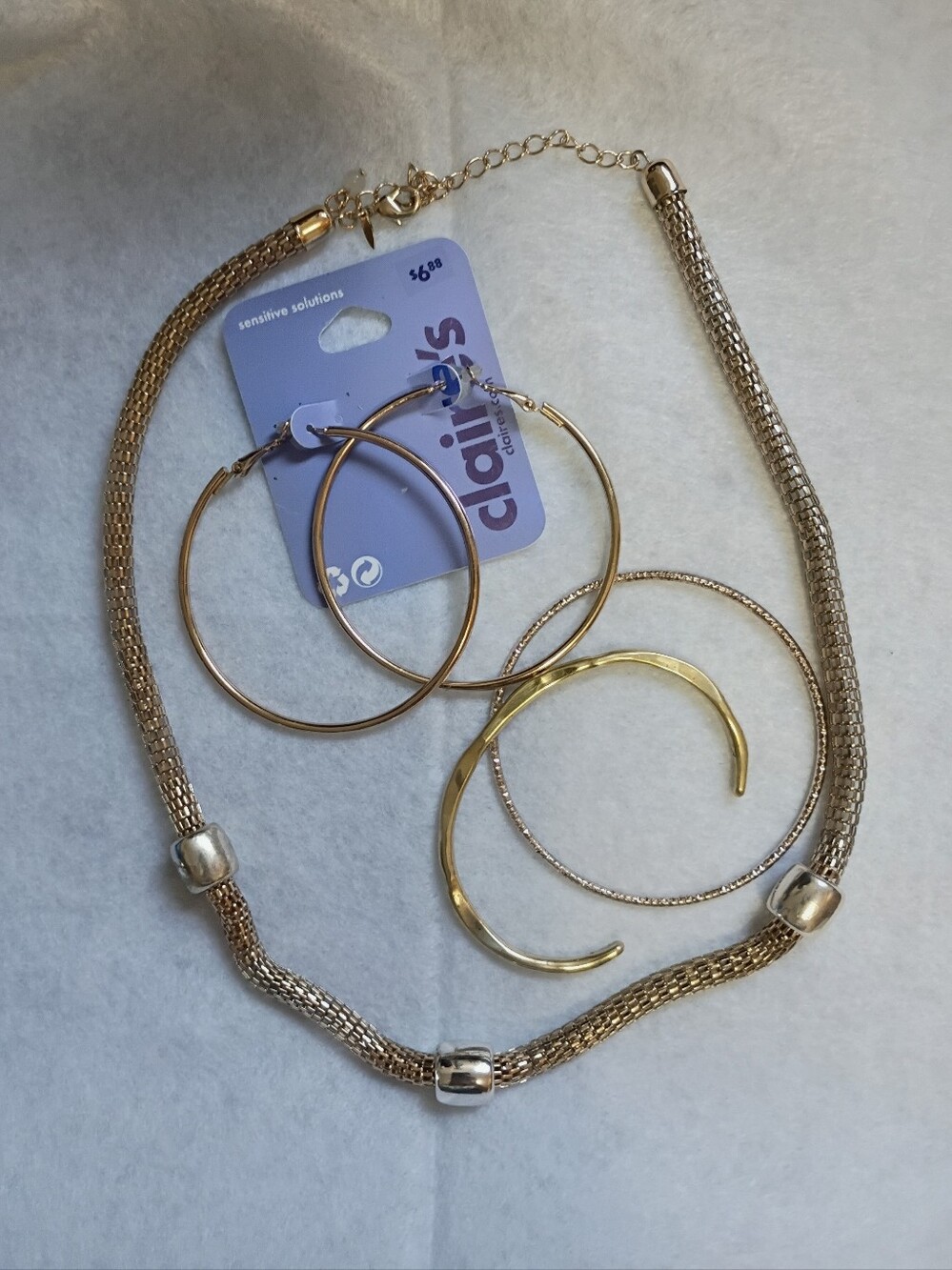Gold Toned Jewelry Bundle Necklace, Bracelets and Pierced Earring